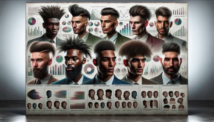 A diverse group of men with modern hairstyles in a contemporary urban setting.