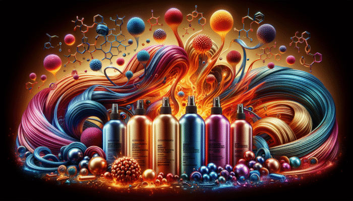 Top Heat Protectant Sprays for Styling: Illustration of heat protectant spray bottles with silicones, polymers, and oils against a fiery hair styling scene.