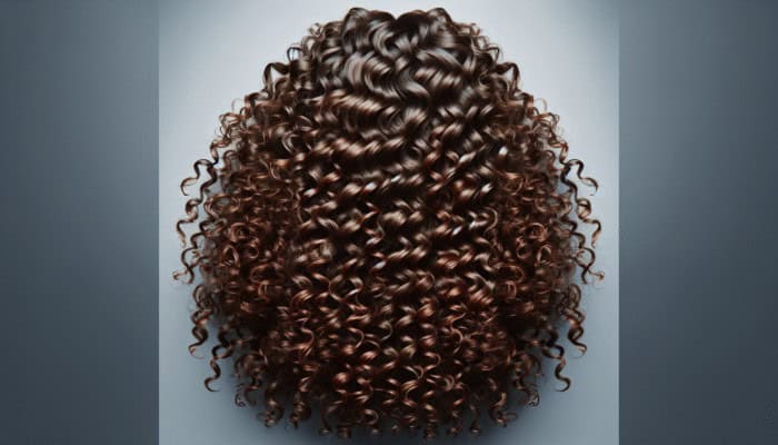 Curly hair treated with conditioner and serum, showing smooth, hydrated, voluminous curls without flyaways.