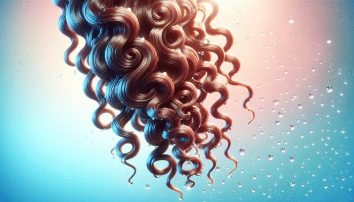 Close-up of hydrated curls with water droplets, highlighting softness and elasticity on a pastel background.