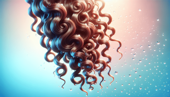 Close-up of hydrated curls with water droplets, highlighting softness and elasticity on a pastel background.