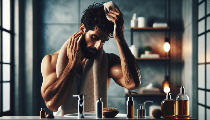A person gently patting oily hair dry and styling with minimal brushing in a modern bathroom.
