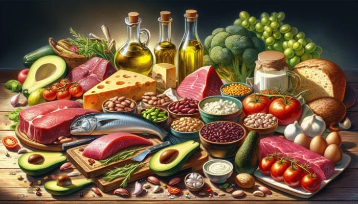 A vibrant table with foods essential for hair health: meats, fish, legumes, dairy, avocados, olive oil.