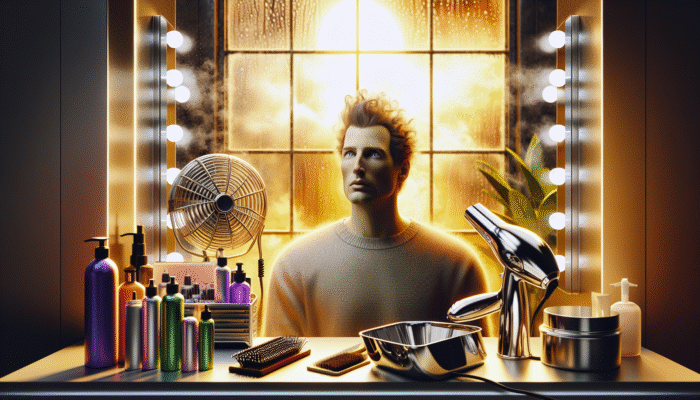 Top Salon Treatments for Damaged Hair: Woman with damaged hair next to heat styling tools, chemical treatments, and environmental stressors.