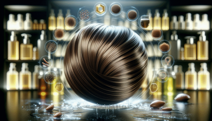 Silky, smooth hair transformed from dry and brittle, with visible moisture and shine, surrounded by rich oils and proteins in a salon.