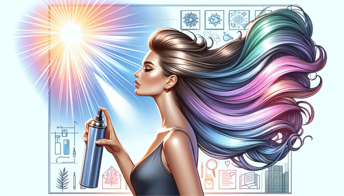 Person spraying UV protection hairspray outdoors, showcasing vibrant, shiny hair under bright sun and gentle breeze.