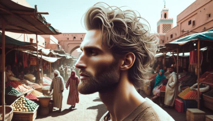 Man with textured hair styled with matte pomade in Marrakech's bustling markets, natural look in windy conditions.