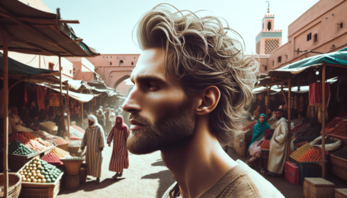 Man with textured hair styled with matte pomade in Marrakech's bustling markets, natural look in windy conditions.