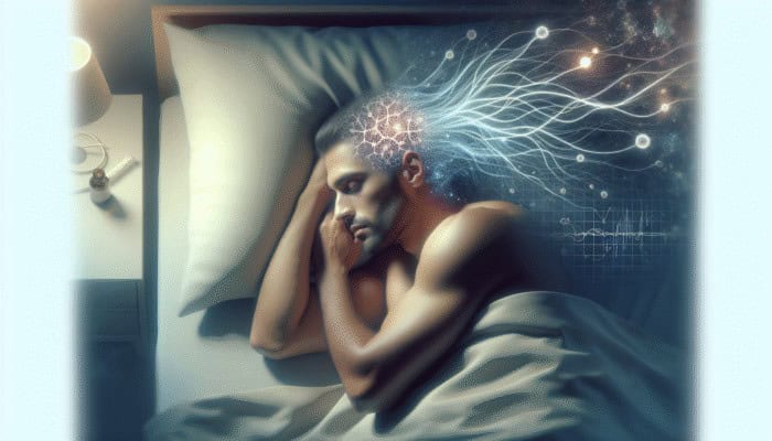 How Sleep Impacts Your Hair Quality: A person in deep sleep with new hair follicles growing, surrounded by a glowing aura of growth hormones.