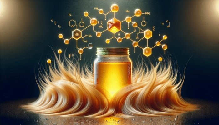 Using Honey for Natural Hair Hydration: A jar of golden honey with a glowing aura, surrounded by hydrated hair strands forming a moisture barrier.