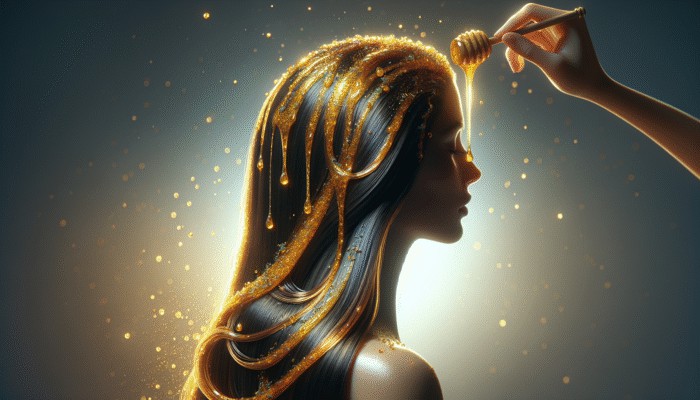 Person applying honey to scalp, surrounded by healthy hair, with a healing glow.