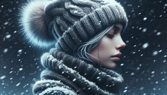 Adjusting Hair Routines for Cold Snaps: A person in a breathable wool hat, surrounded by snowflakes, with healthy hair.