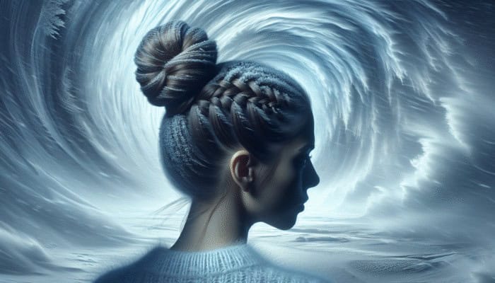 Woman with braided bun hairstyle, protected from cold winds.