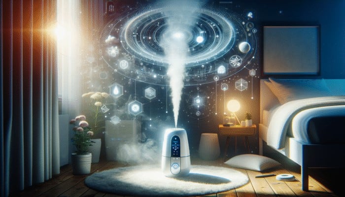 Modern humidifier in bedroom emitting mist, enhancing air moisture, with adjustable settings, promoting skin and hair health.