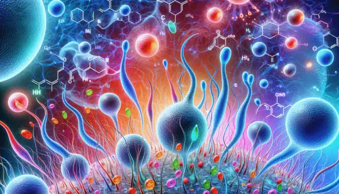 How Hormones Affect Hair Texture: Microscopic view of hormone-influenced hair follicles with colorful chemical structures.