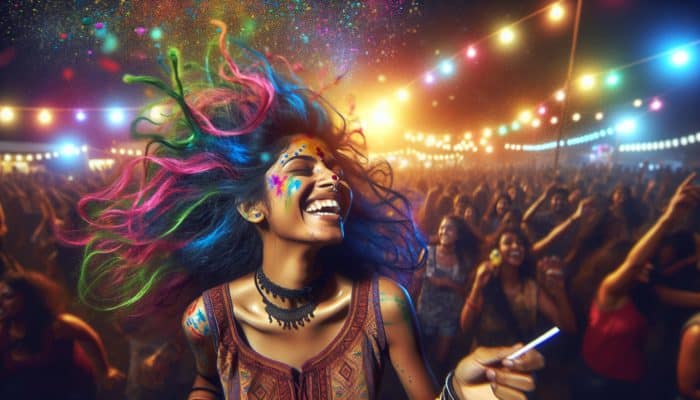 Viral Hair Care Trends from 2025: Person with vibrant, multi-colored hair at a festival, laughing and dancing amidst colorful lights and crowd.
