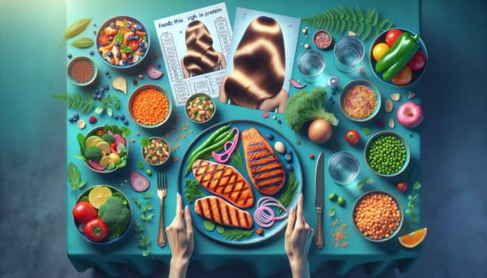 Diet Tips for Stronger, Shinier Hair: A table with grilled chicken, salmon, lentils, and chickpeas, symbolizing protein-rich foods for hair health.