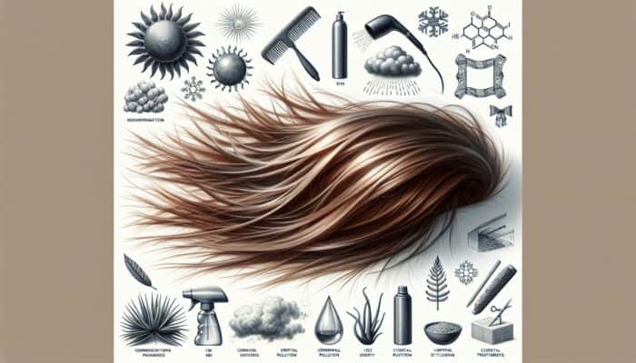 Best Ways to Hydrate Dry Hair Ends: Close-up of dry, split hair ends with symbols of sun, wind, pollution, heat tools, and chemical treatments.