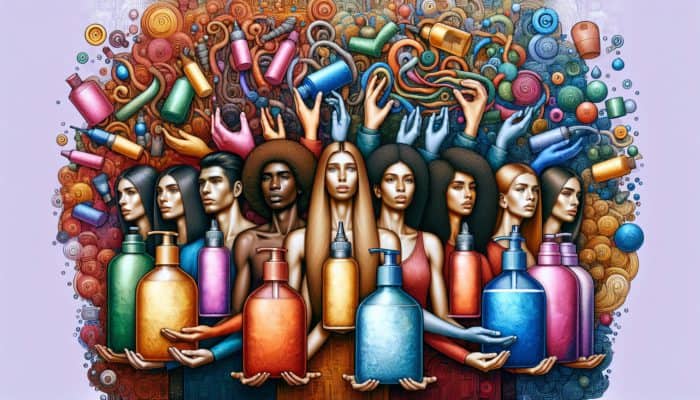 Best Practices for Washing Hair Properly: A diverse group with various hair types holding shampoos suited to their needs, vibrant background.
