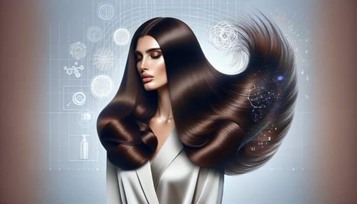 Caring for Straight Hair with Volume: Woman with voluminous straight hair, styled with lightweight volumizing products containing wheat protein and panthenol.