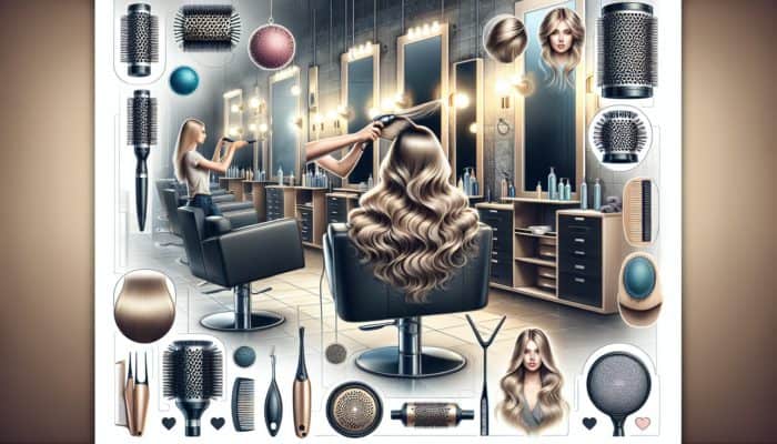 Illustration of hair drying techniques with volumizing tools in a modern salon setting.