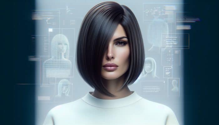 Sleek, chin-length bob haircut, straight and polished, framing face and accentuating jawline and cheekbones.