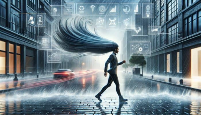 Benefits of Ionic Hair Dryers Explained: Person with sleek, frizz-free hair confidently walking in windy, rainy city, showcasing ionic dryer effects.
