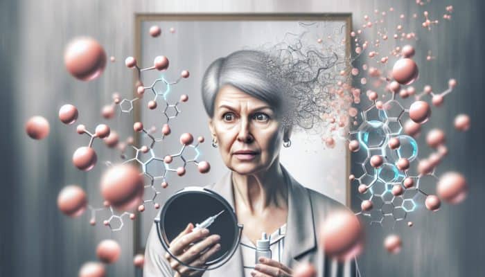 A woman in her 50s surprised at her thinning hair in mirror, with diminishing estrogen molecules.