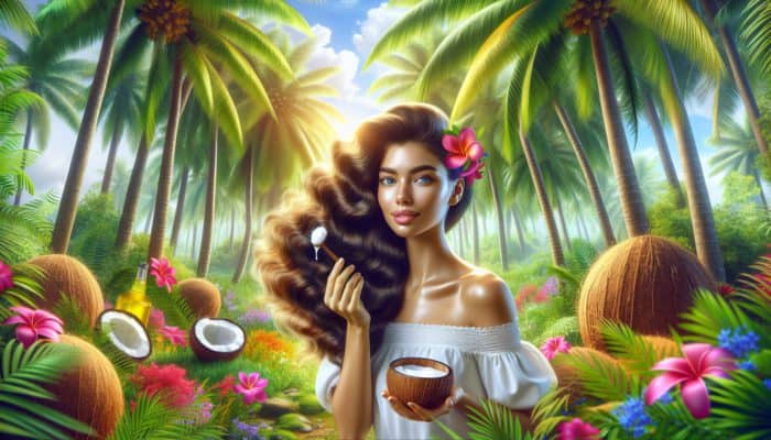 Top Hair Treatment Hacks From Influencers: Woman applying coconut oil in a tropical setting, symbolizing hair nourishment and protection.