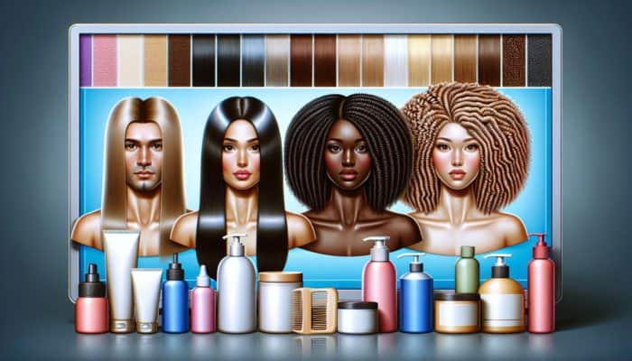 How to Balance Moisture and Protein in Hair: A diverse group displaying straight, wavy, curly, and coily hair types with hair care products.