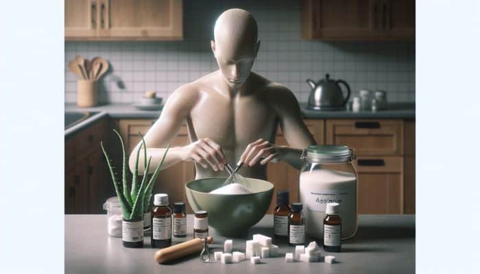 Person mixing affordable, natural hair care ingredients on a kitchen counter, highlighting cost-effectiveness.