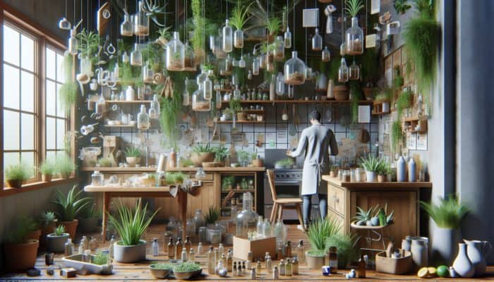 Person crafting homemade hair spray in rustic kitchen with recyclable glass bottles and natural ingredients, surrounded by greenery.