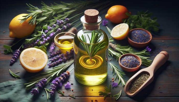 A bottle of homemade hair spray with lavender, rosemary, lemon, and argan oil, surrounded by herbs and citrus fruits.