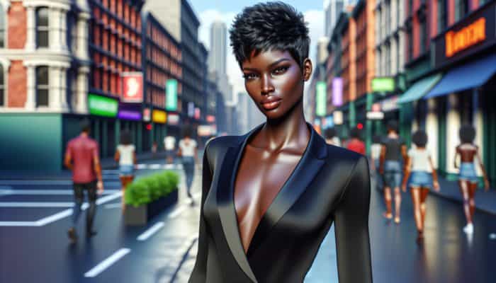 Short Haircuts for Ladies: Woman with chic, tousled pixie cut, exuding confidence against urban backdrop.