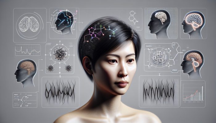 Solutions for Thinning Hair in Women: Woman with thinning hair at crown and part, symbols of genetics, hormones, stress around her.