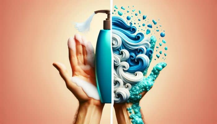 Guide to Sulfate-Free Shampoos in the UK: Hand holding sulfate-rich shampoo with harsh lather versus sulfate-free shampoo with gentle lather, showing hair care contrast.