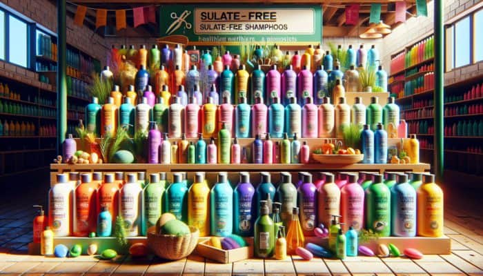A market shelf with sulfate-free shampoos, showcasing bold labels, certifications, and botanical extracts for healthier hair.