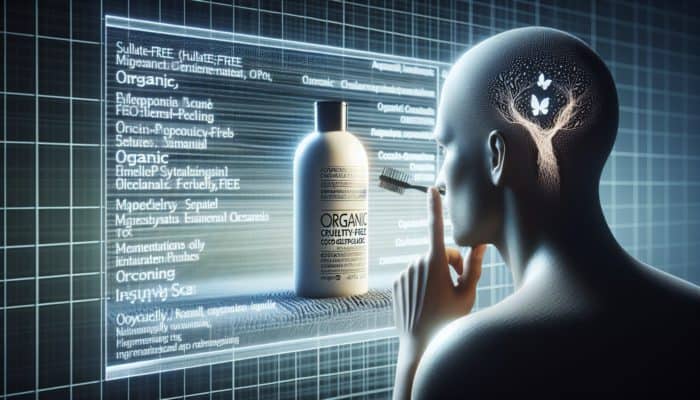 Person examining sulfate-free shampoo label, checking for coco-glucoside and certifications.