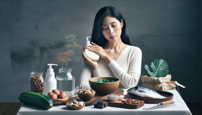 Managing Hair Loss After Pregnancy: A mother using mild shampoo on her hair, with a meal of greens, nuts, and fish nearby, illustrating holistic hair loss strategies.