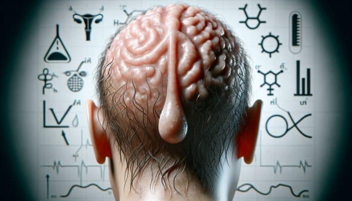 How to Treat Oily Hair Types Effectively: Close-up of scalp with overactive sebaceous glands and excess sebum, symbols of hormonal changes.