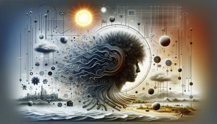 How to Detangle Hair Without Damage: Person with curly hair and symbols of humidity, sun, pollution, struggling with tangles from improper hair care and heat styling.
