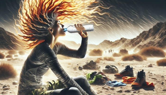 Hydration Tips for Healthy Hair Growth: Person drinking water in hot, arid environment, surrounded by sports equipment, with healthy, vibrant hair.