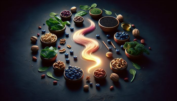 A still life of blueberries, nuts, and leafy greens like spinach and kale around a glowing hair strand, symbolizing hair health.