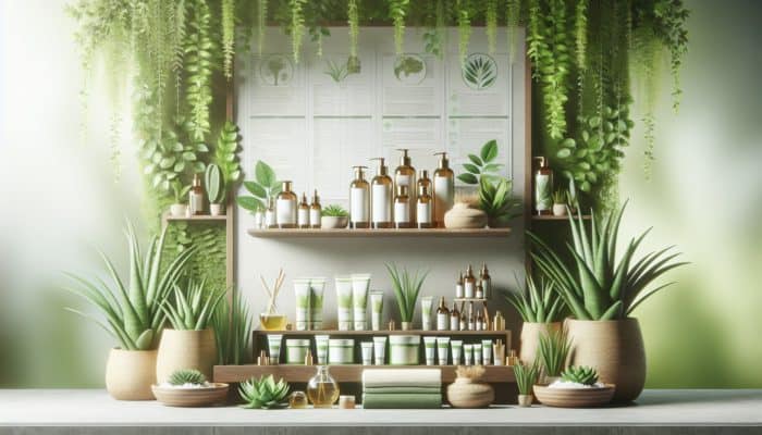 Eco-conscious Hair Care Trends in the UK: A serene spa with natural plant-based hair care products, featuring aloe vera and argan oil, amidst lush greenery.