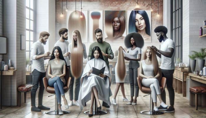 Benefits of Professional Hair Consultations: Diverse group receiving personalized hair consultations, showcasing healthier, vibrant hair post-treatment.