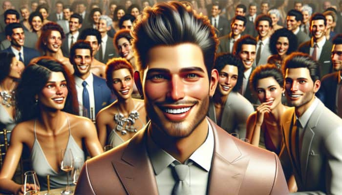 Confident person with stylish hair at social event, surrounded by friends, exuding poise.