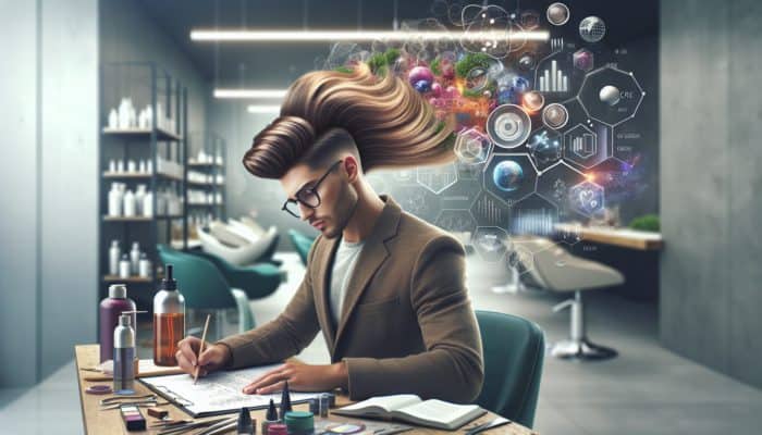 A person studying hair care science in a salon, surrounded by educational materials and tools, with healthy hair.