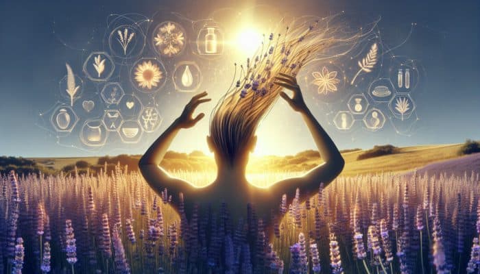 Best Essential Oils for Hair Growth: A person applying lavender oil to their scalp in a serene lavender field, symbolizing hair growth and vitality.