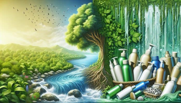 Eco-Friendly Hair Products to Try Now: A vibrant ecosystem with lush greenery and clear streams, contrasted by pollution from non-recyclable hair product packaging; eco-friendly bottles rejuvenate the environment.