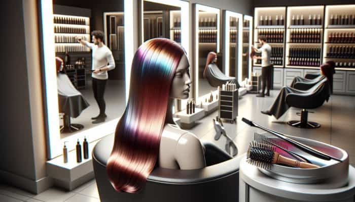 Using Hair Gloss for Salon-Quality Results: Person with vibrant, glossy hair in a modern salon, showcasing the transformative effect of hair gloss.
